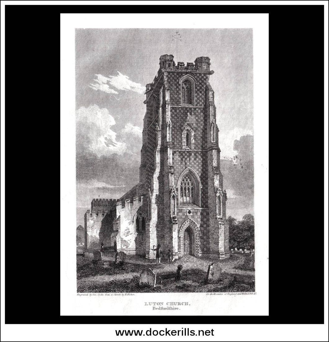 Antique print a view of Luton Church Bedfordshire England