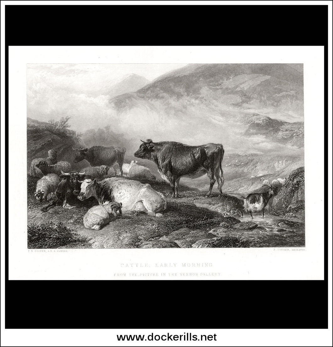Cattle: Early Morning, T.S. Cooper A.R.A., Antique Print, Steel Engraving c. 1875.