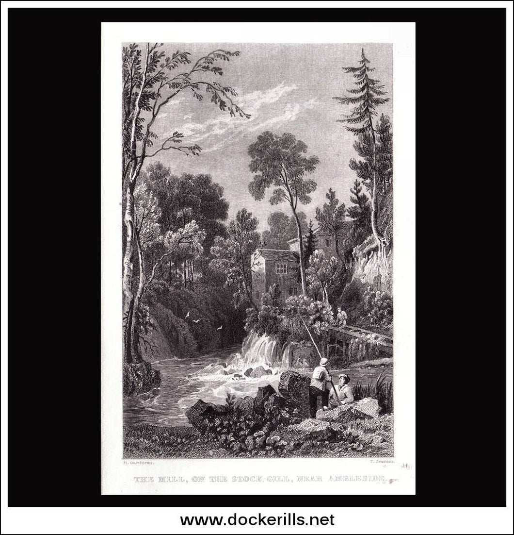 Antique print the Mill On The Stock-Gill Near Ambleside Westmorland England