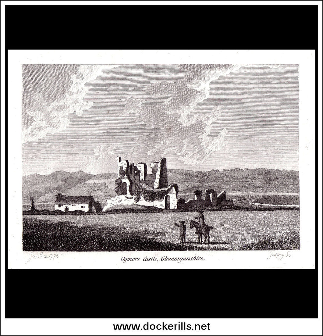 Ogmore Castle, Glamorganshire, Wales. Antique Print, Copper Plate Engraving 1776.