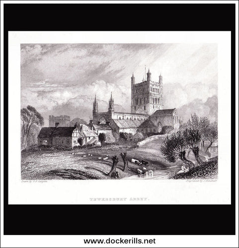 Tewkesbury Abbey, Gloucestershire, England. Antique Print, Steel Engraving 1842.