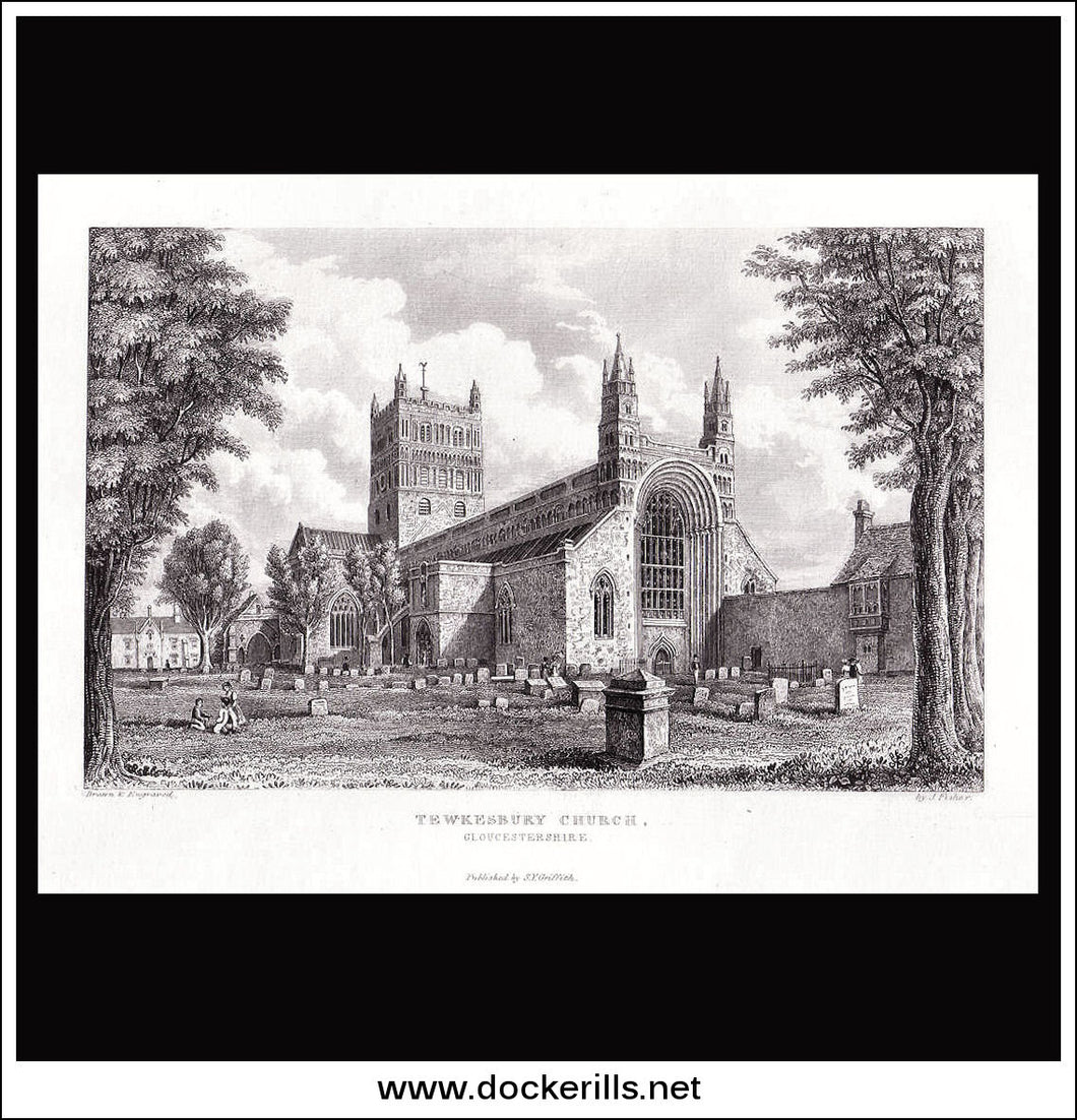 Tewkesbury Church, Gloucestershire, England. Antique Print, Steel Engraving 1838.