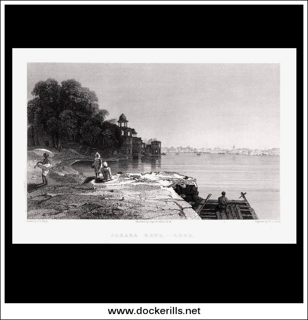 Jahara Baug, Agra, India. Antique Print, Steel Engraving 1834.