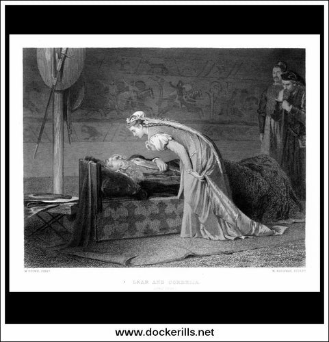Lear And Cordelia (King Lear), M. Stone, Antique Print, Steel Engraving c. 1875.