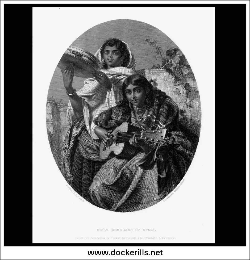 Gypsy Musicians Of Spain, J. Philip R.A., Antique Print, Steel Engraving c. 1875.