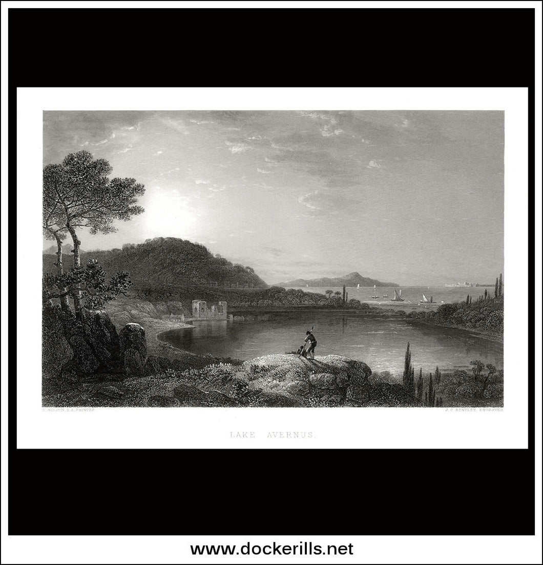Lake Avernus, R. Wilson R.A., Antique Print, Steel Engraving c. 1875.