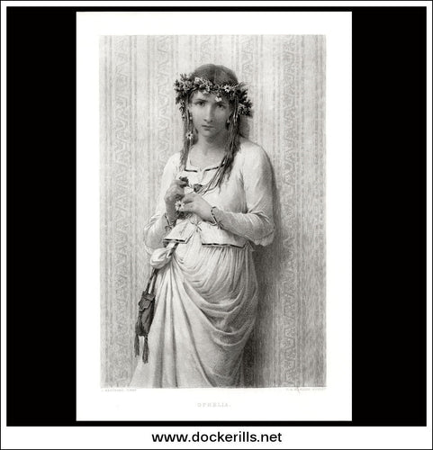 Ophelia, J. Bertrand, Antique Print, Steel Engraving c. 1875.