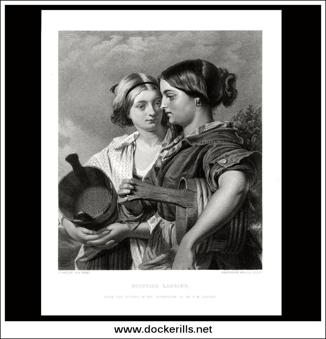 Scottish Lassies, J. Philip R.A., Antique Print, Steel Engraving c. 1875.