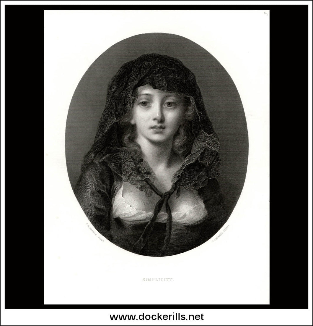 Simplicity, J.B. Greuze, Antique Print, Steel Engraving c. 1875.