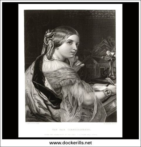 The Fair Correspondent, J. Sant A.R.A., Antique Print, Steel Engraving c. 1875.