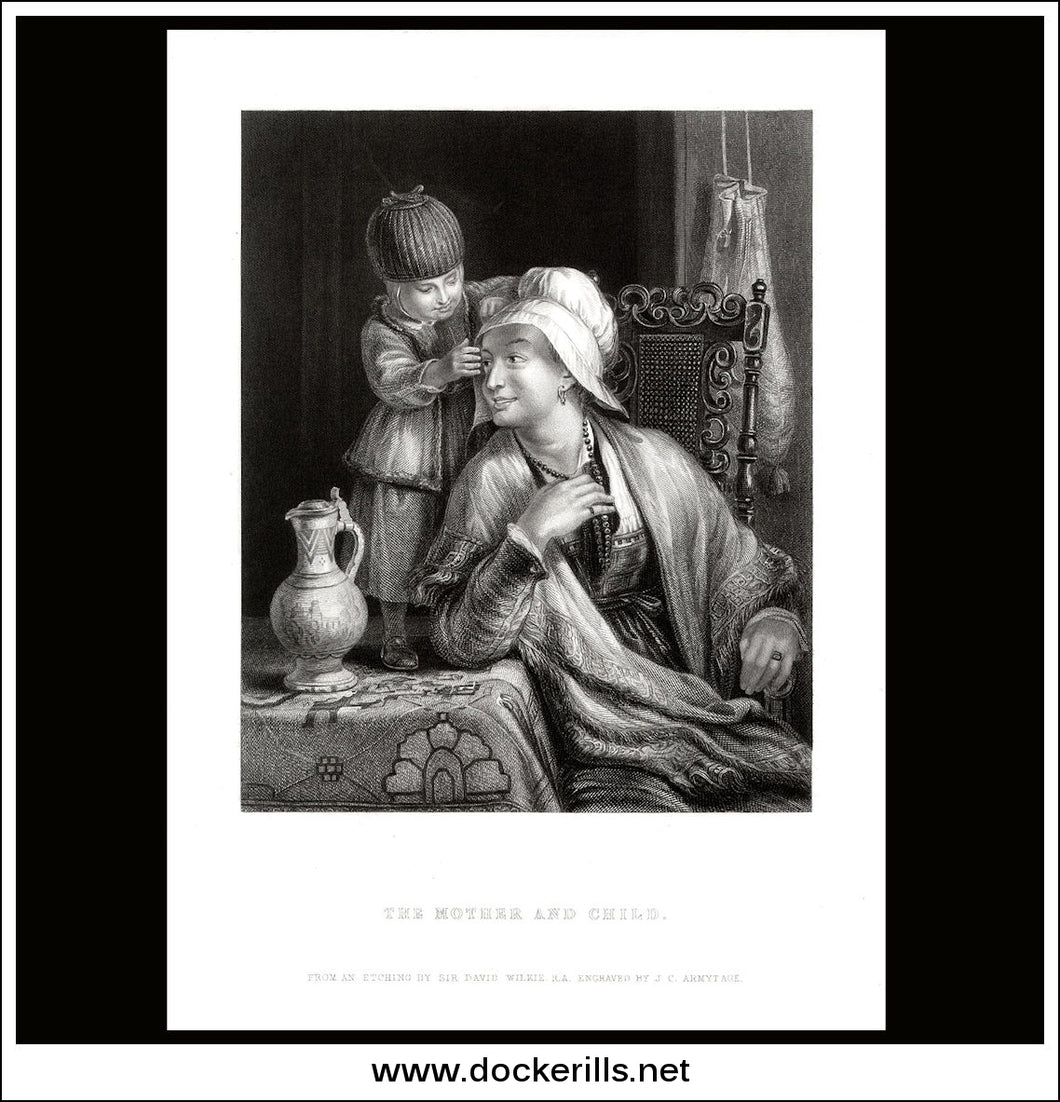 The Mother And Child, Sir David Wilkie R.A., Antique Print, Steel Engraving c. 1875.