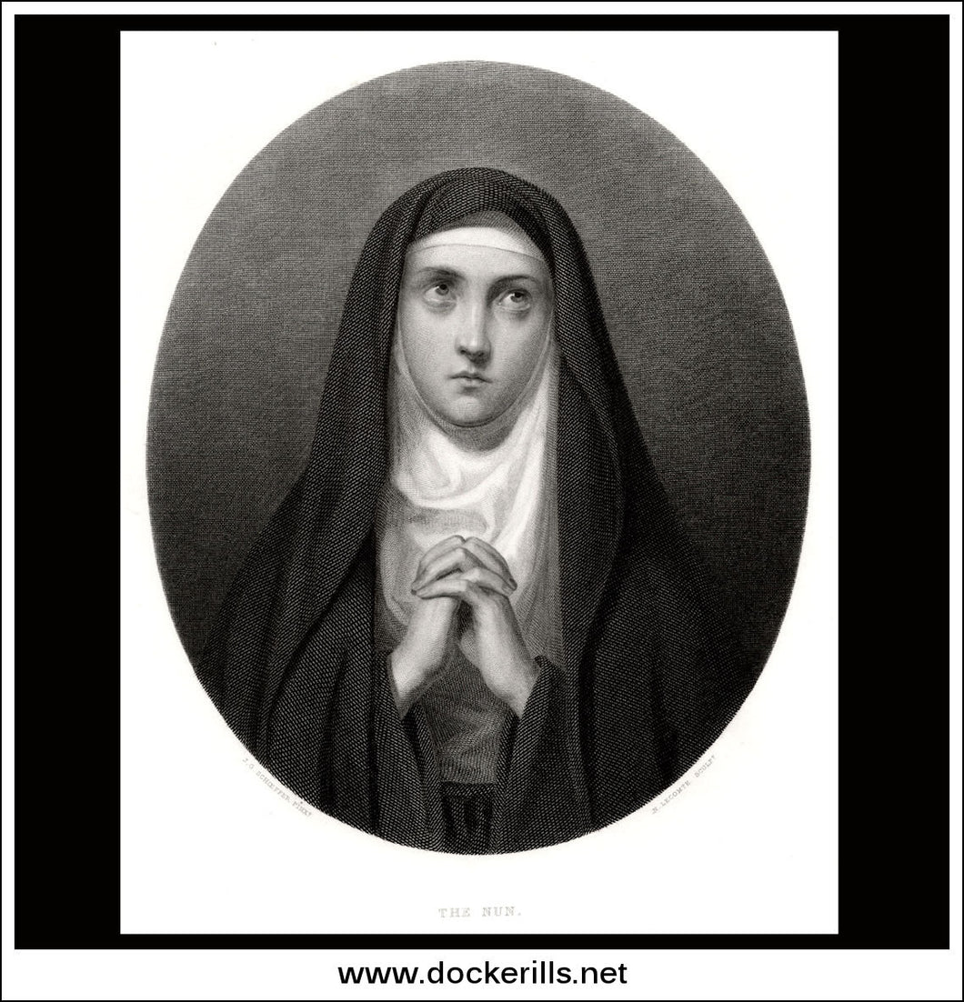 The Nun, J.G. Schoeffer, Antique Print, Steel Engraving c. 1875.