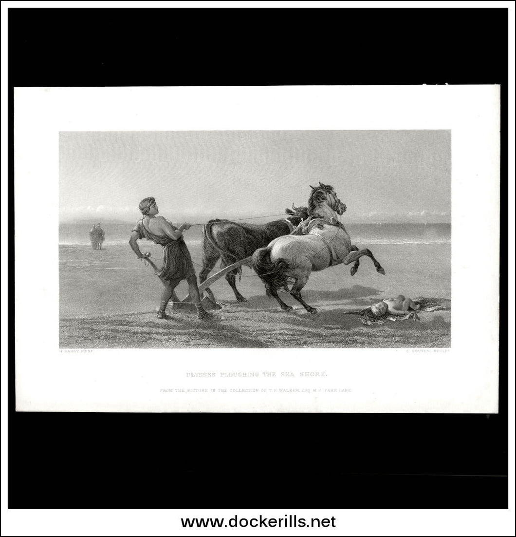Ulysses Ploughing The Sea Shore, H. Hardy, Antique Print, Steel Engraving c. 1875.