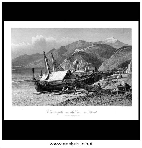 Ventimiglia On The Cornice Road, Harry Fenn, Antique Print, Steel Engraving c. 1875.