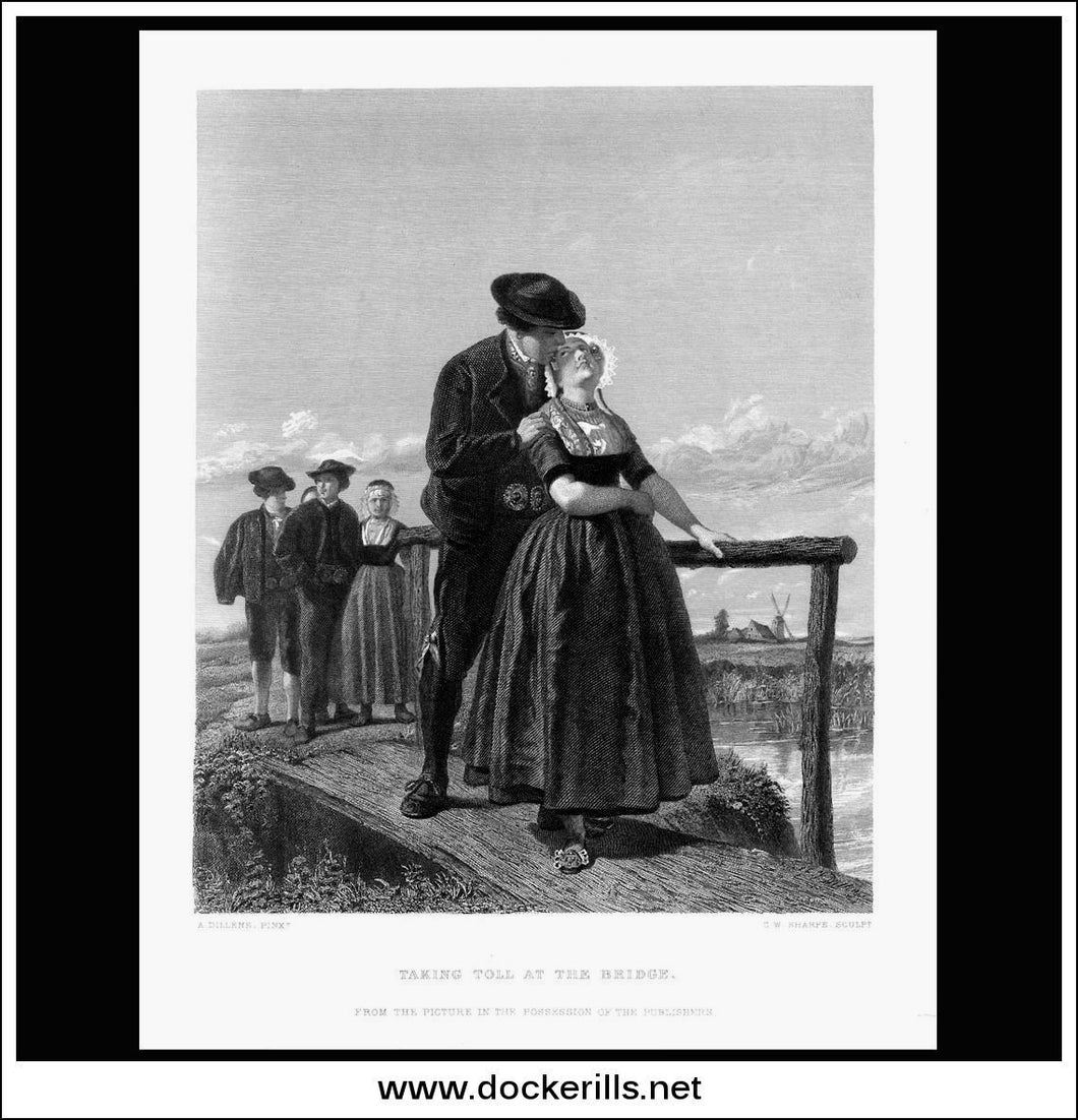 Taking Toll At The Bridge, A. Dillens, Antique Print, Steel Engraving c. 1875.