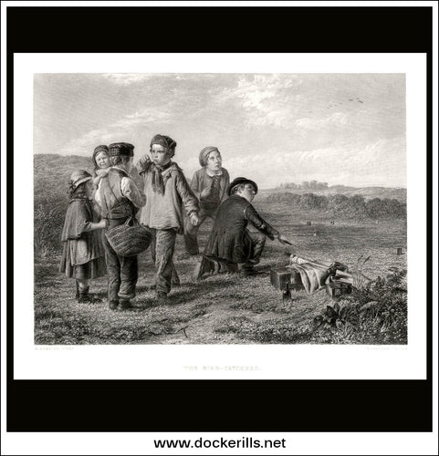 The Bird Catchers, W. Hemsley, Antique Print, Steel Engraving c. 1875.
