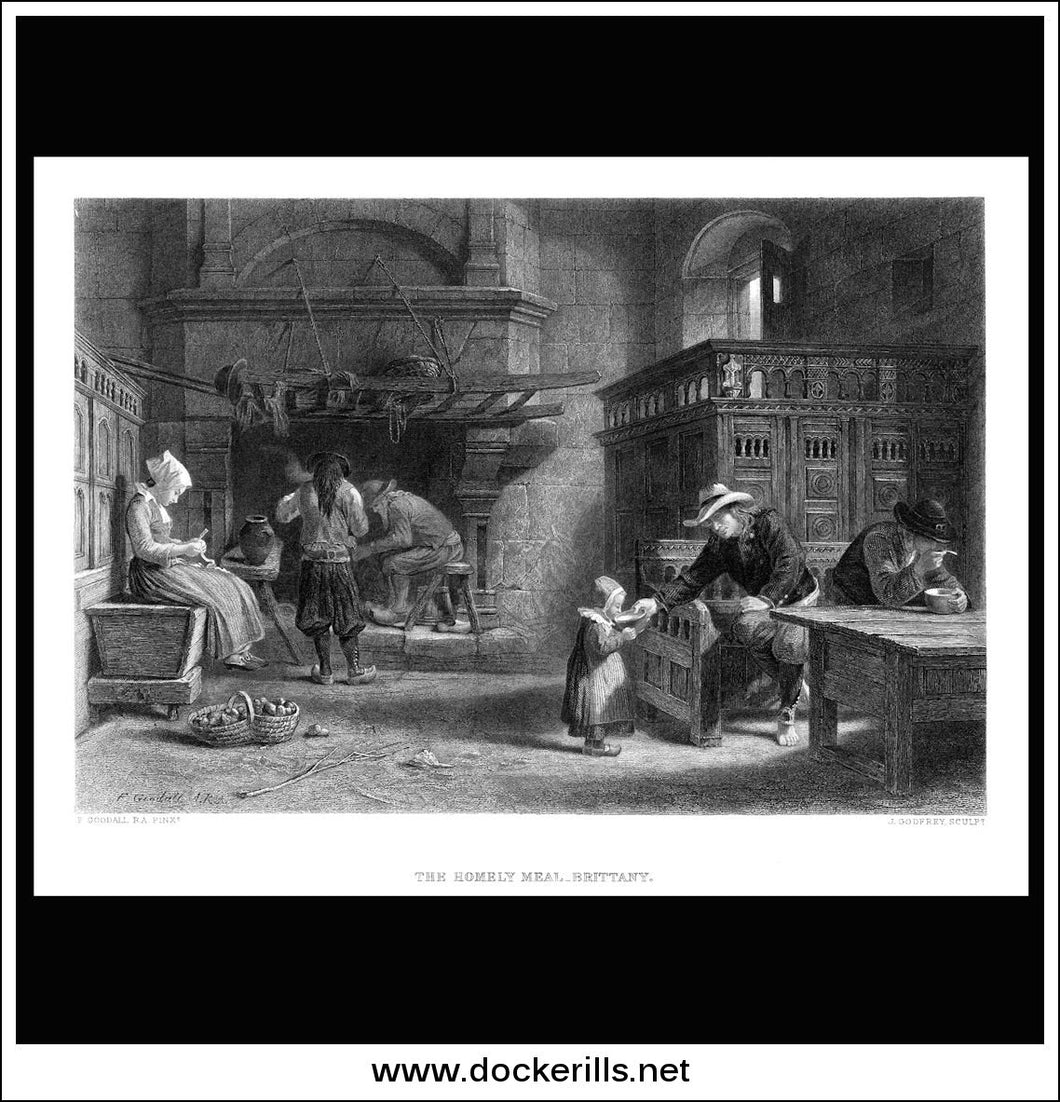 The Homely Meal, F. Goodall R.A., Antique Print, Steel Engraving c. 1875.