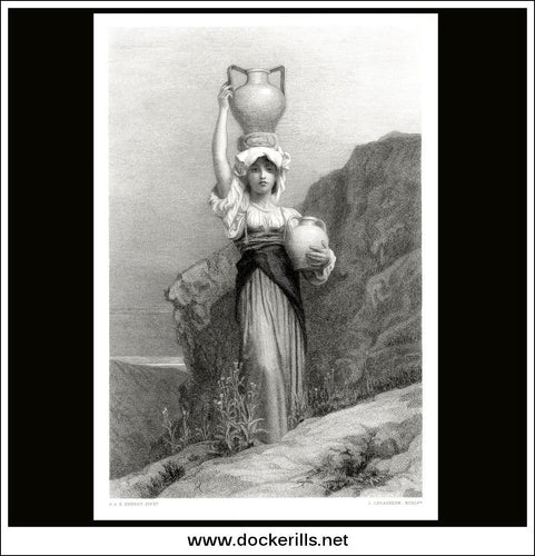 The Water Bearer, A.A.E. Herbert, Antique Print, Steel Engraving c. 1875.