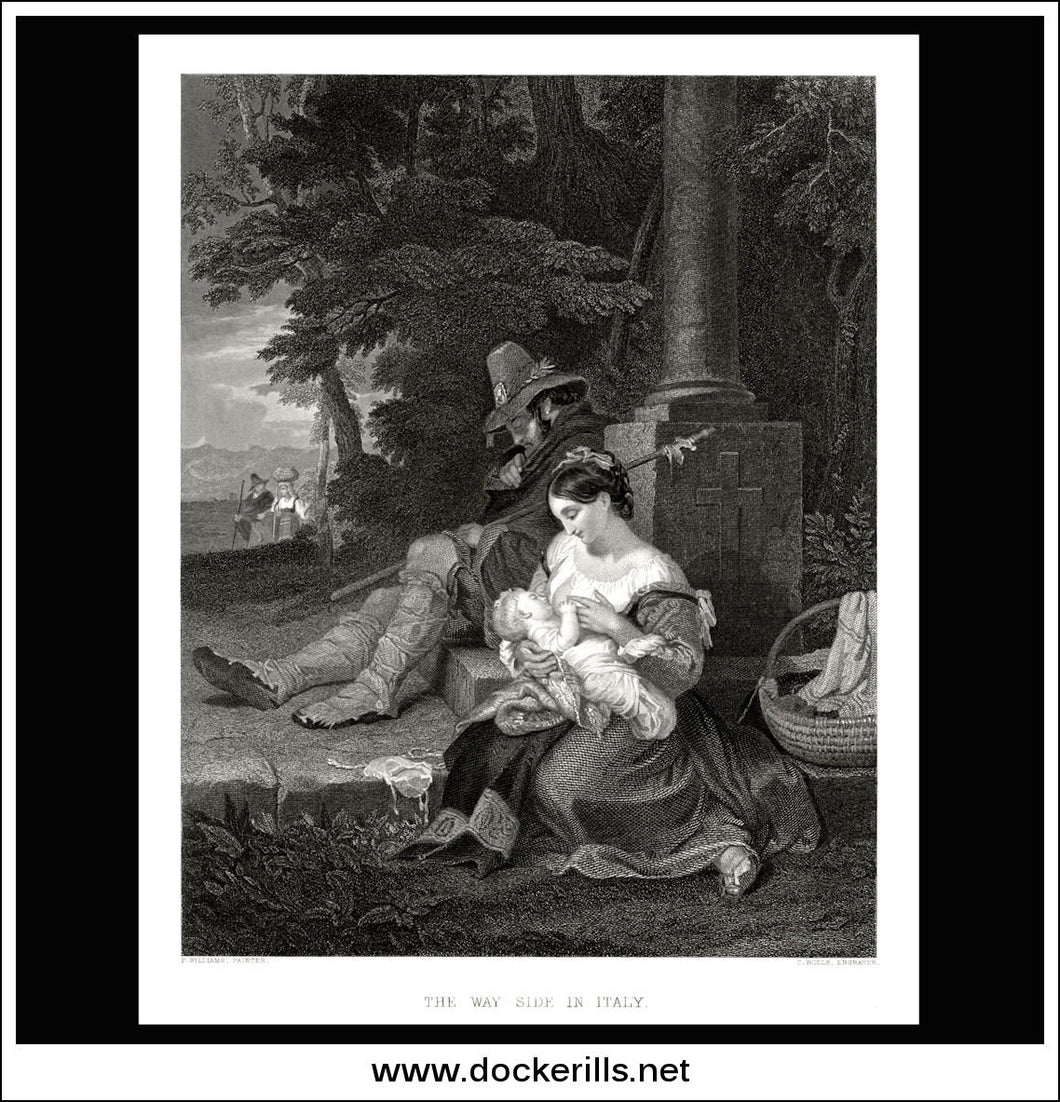 The Way Side In Italy, P. Williams, Antique Print, Steel Engraving c. 1875.