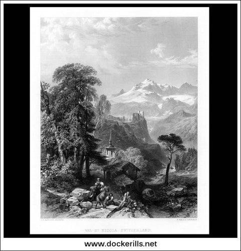 Val. St. Nicola, Switzerland, J.D. Harding, Antique Print, Steel Engraving c. 1875.