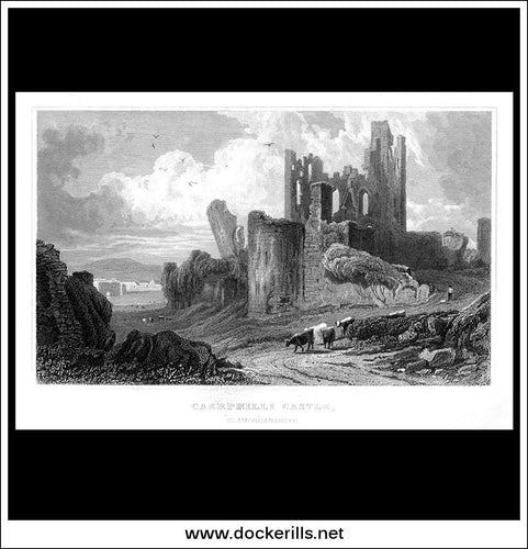 Caerphilly / Caerphilli Castle, Glamorganshire, Wales. Antique Print, Steel Engraving c. 1830.
