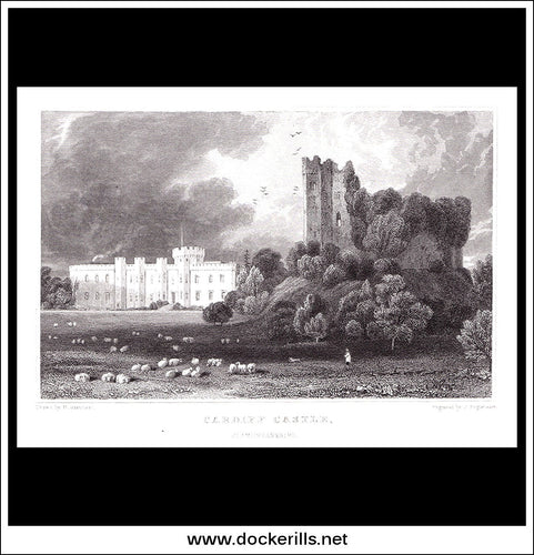 Cardiff Castle, Glamorganshire, Wales. Antique Print, Steel Engraving 1831.