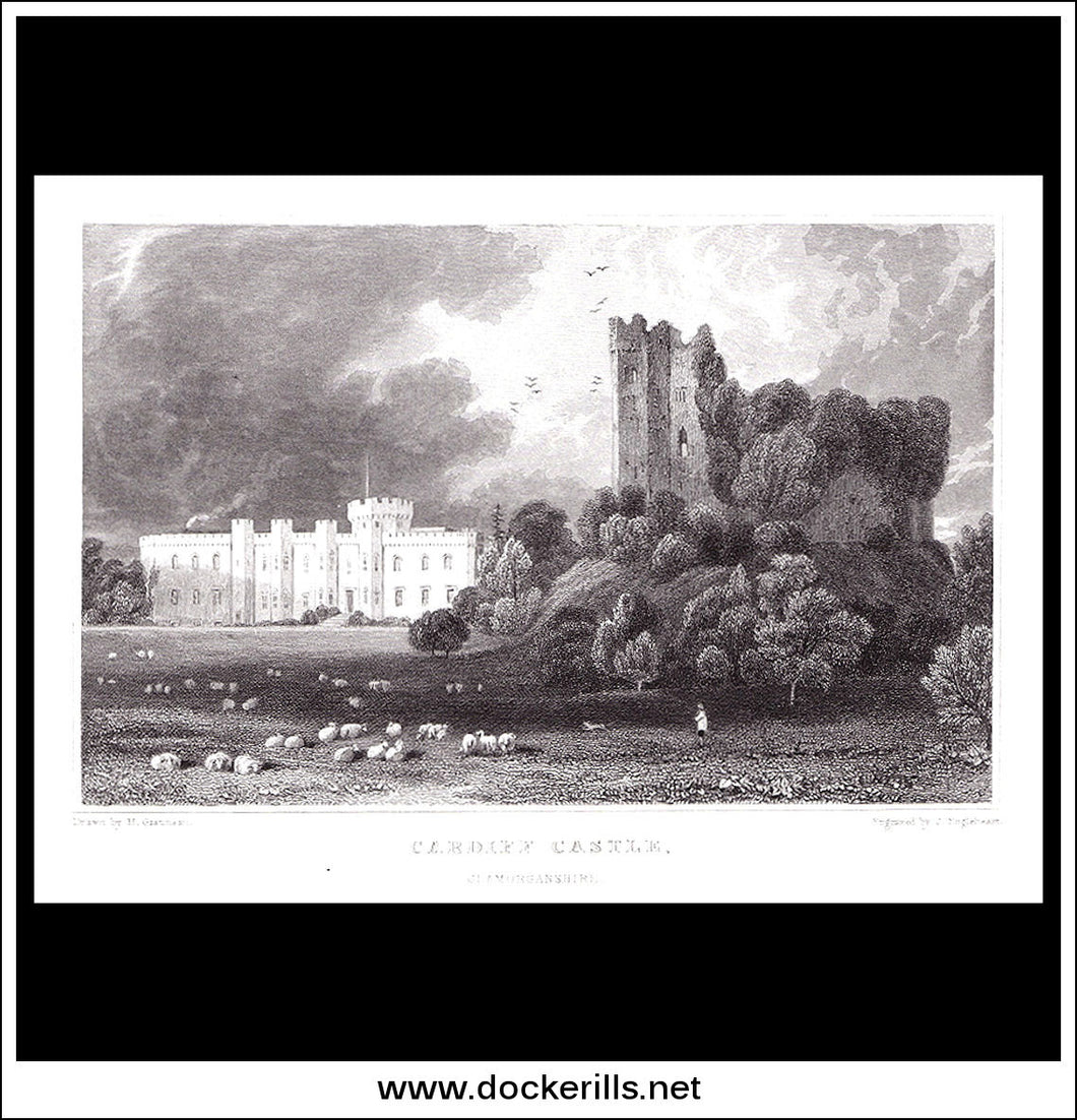 Cardiff Castle, Glamorganshire, Wales. Antique Print, Steel Engraving 1831.
