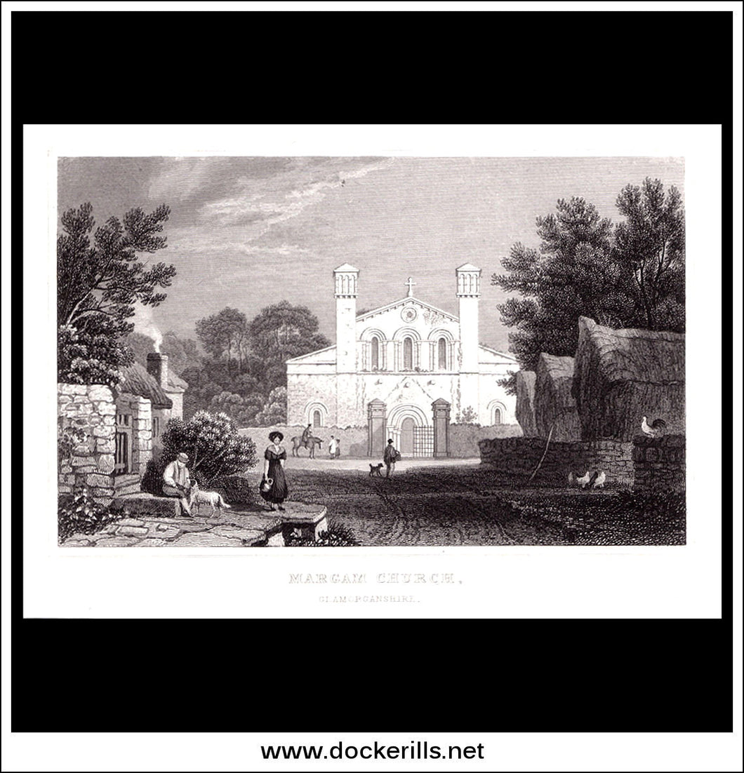 Margam Church, Glamorganshire, Wales. Antique Print, Steel Engraving 1831.