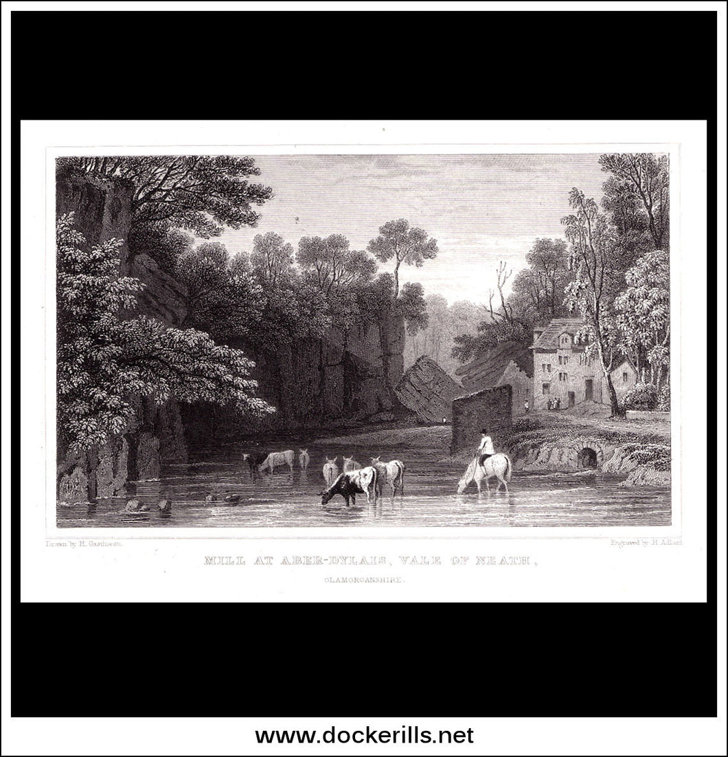 Mill At Aber-Dylais, Vale Of Neath, Glamorganshire, Wales. Antique Print, Steel Engraving 1831.