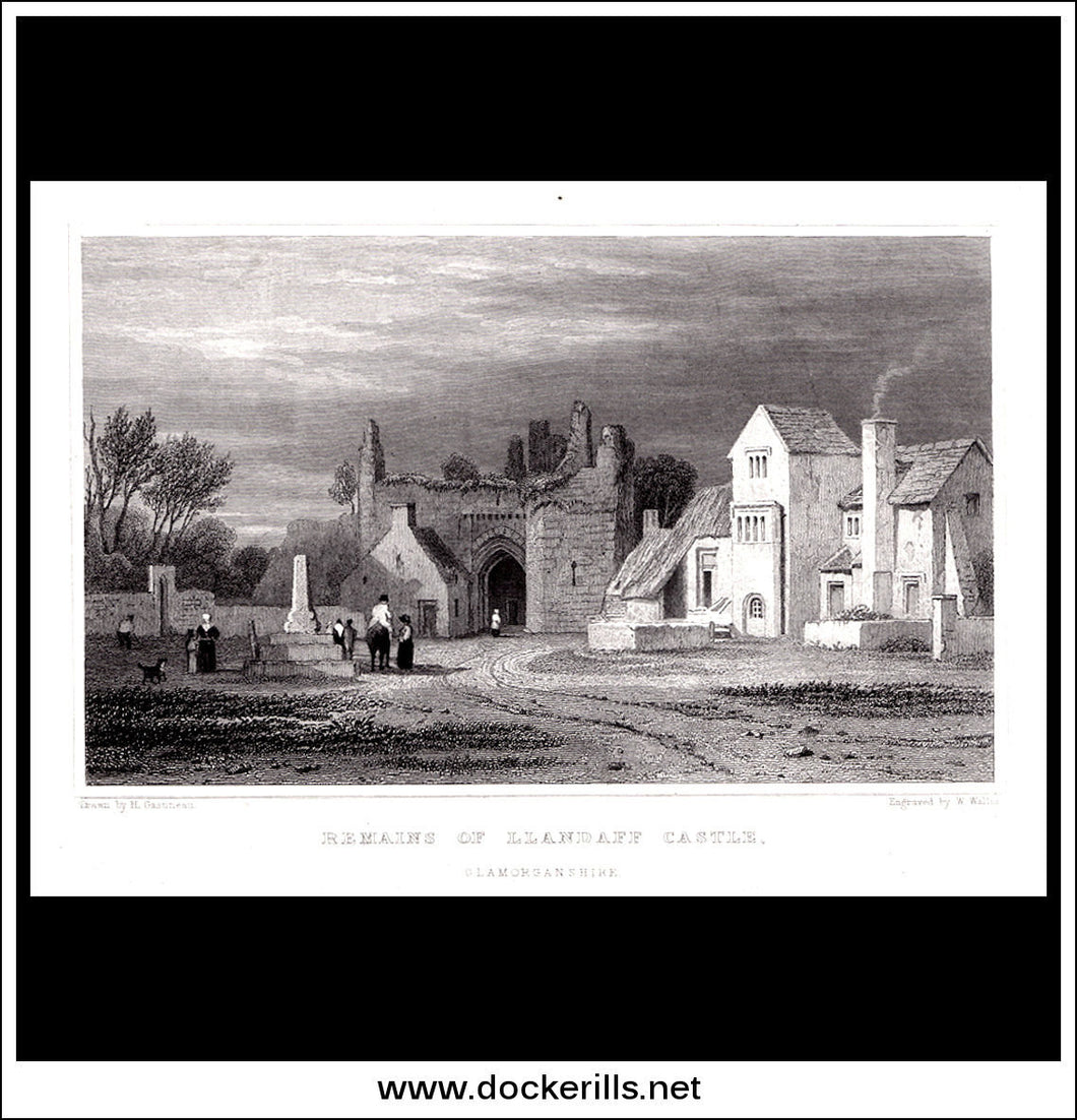 Remains Of Llandaff Castle, Glamorganshire, Wales. Antique Print, Steel Engraving 1831.
