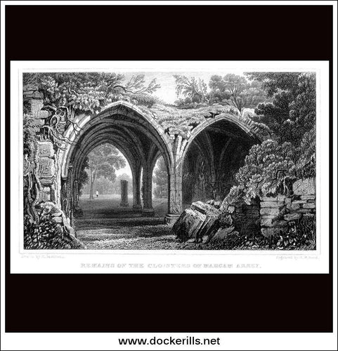 Remains Of The Cloisters Of Margam Abbey, Glamorganshire, Wales. Antique Print, Steel Engraving 1831.