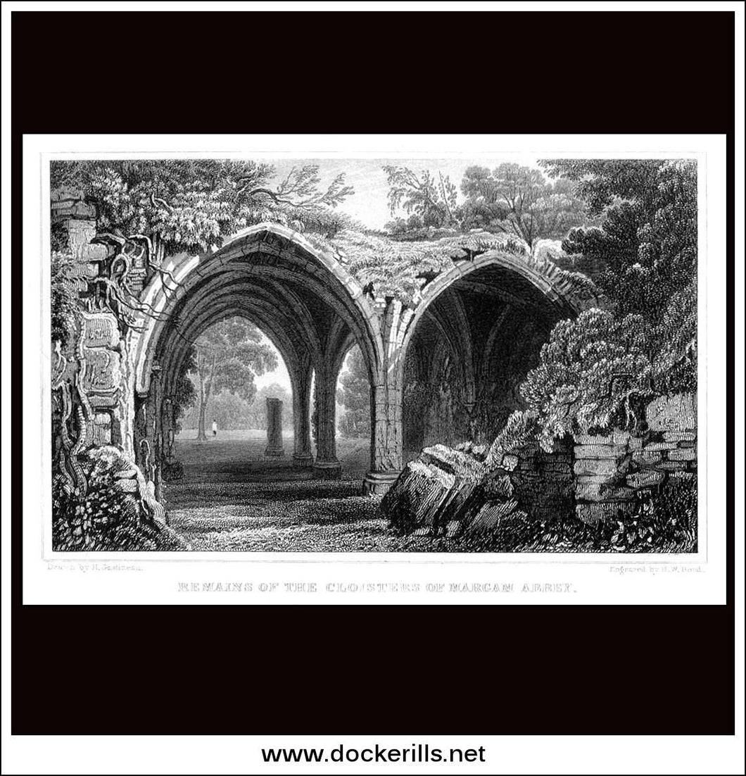 Remains Of The Cloisters Of Margam Abbey, Glamorganshire, Wales. Antique Print, Steel Engraving 1831.