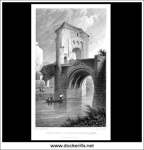Gateway & Bridge, Ragland (Raglan), Monmouthshire, Wales. Antique Print, Steel Engraving c. 1830.