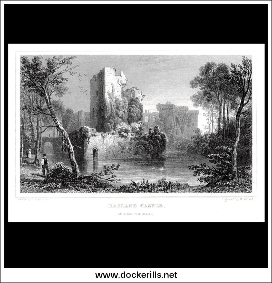 Ragland (Raglan) Castle, Monmouthshire, Wales. Antique Print, Steel Engraving c. 1830.
