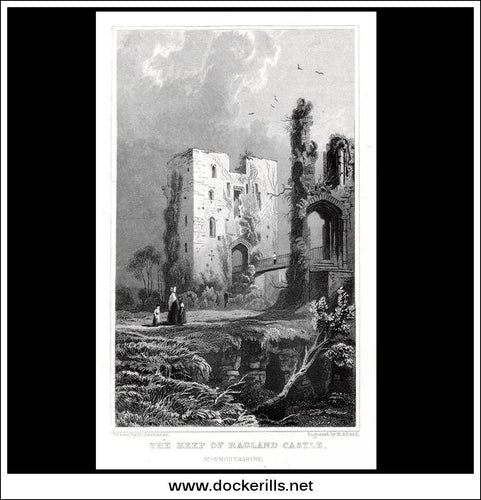 The Keep Of Ragland Castle, Monmouthshire, Wales. Antique Print, Steel Engraving c. 1830.