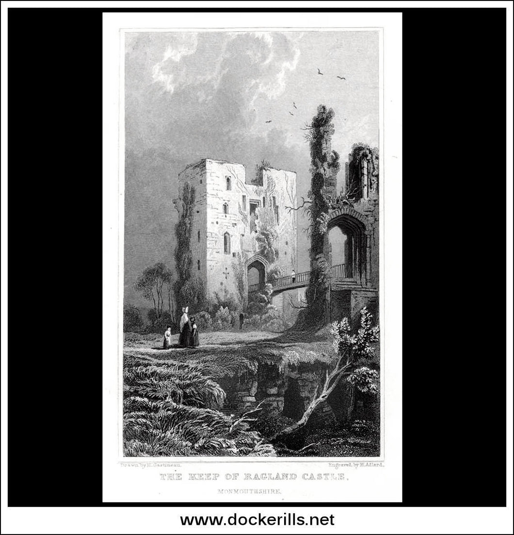 The Keep Of Ragland Castle, Monmouthshire, Wales. Antique Print, Steel Engraving c. 1830.