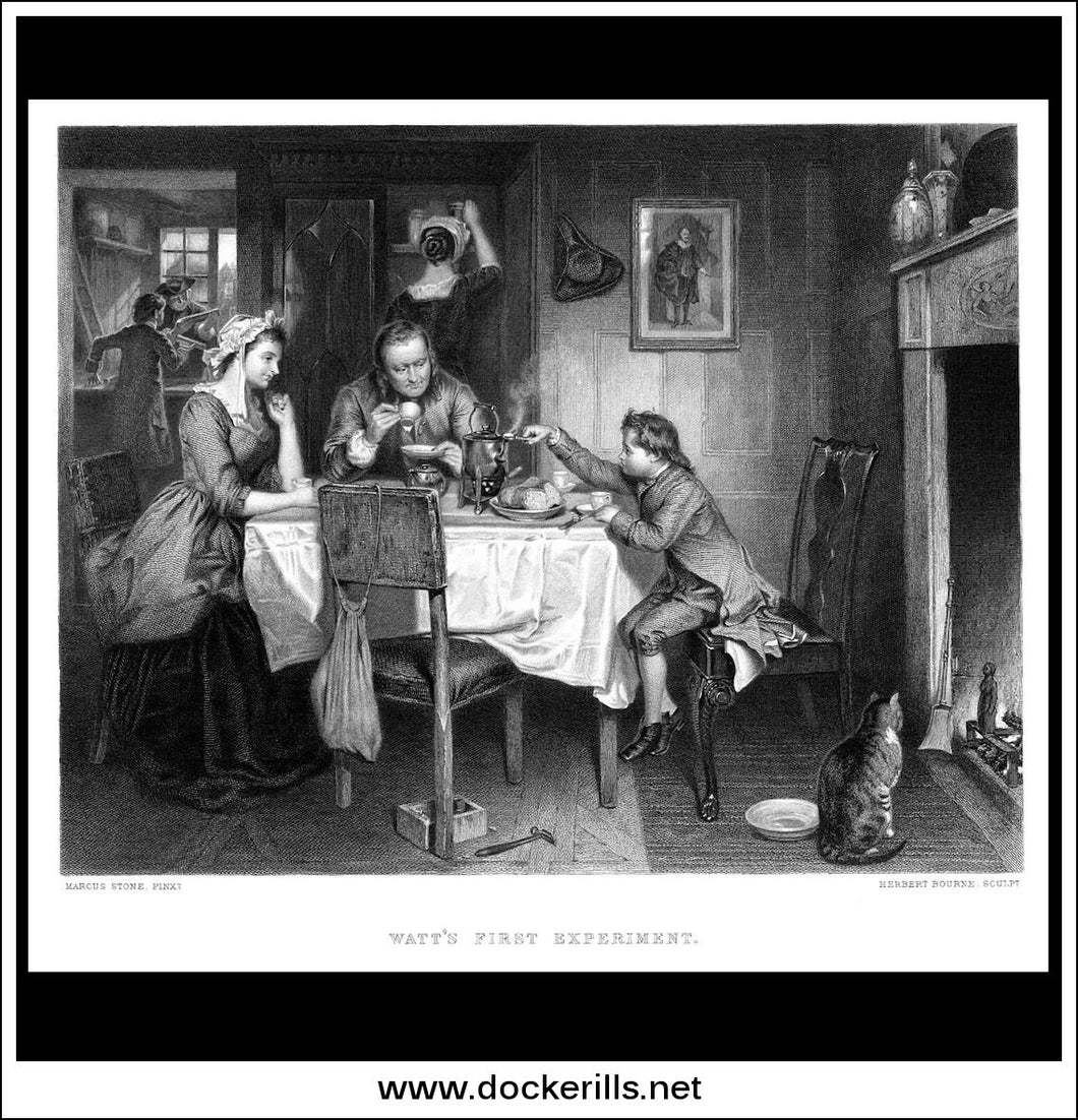 Watt's First Experiment, Marcus Stone, Antique Print, Steel Engraving c. 1875.
