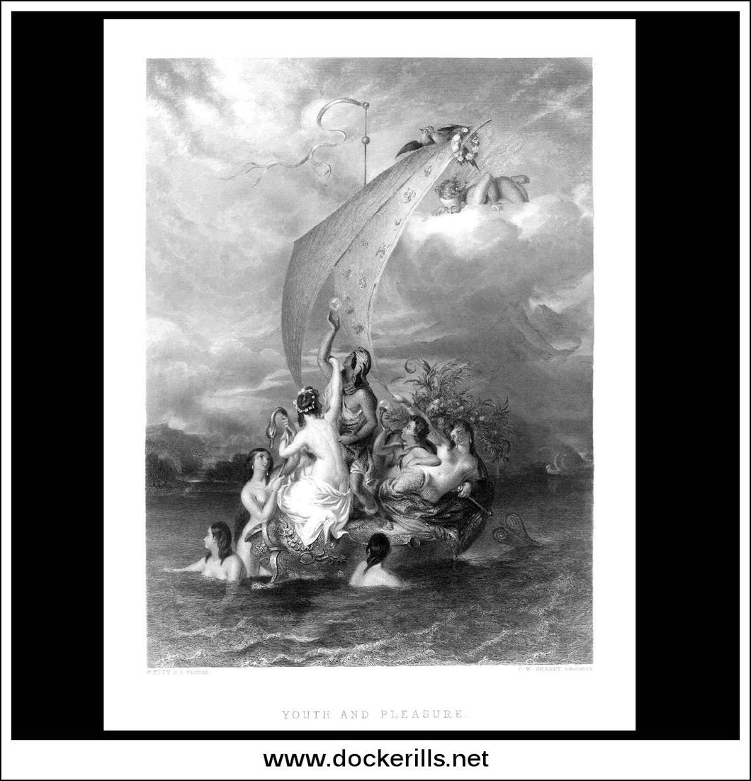 Youth And Pleasure, W. Etty R.A., Antique Print, Steel Engraving c. 1875.