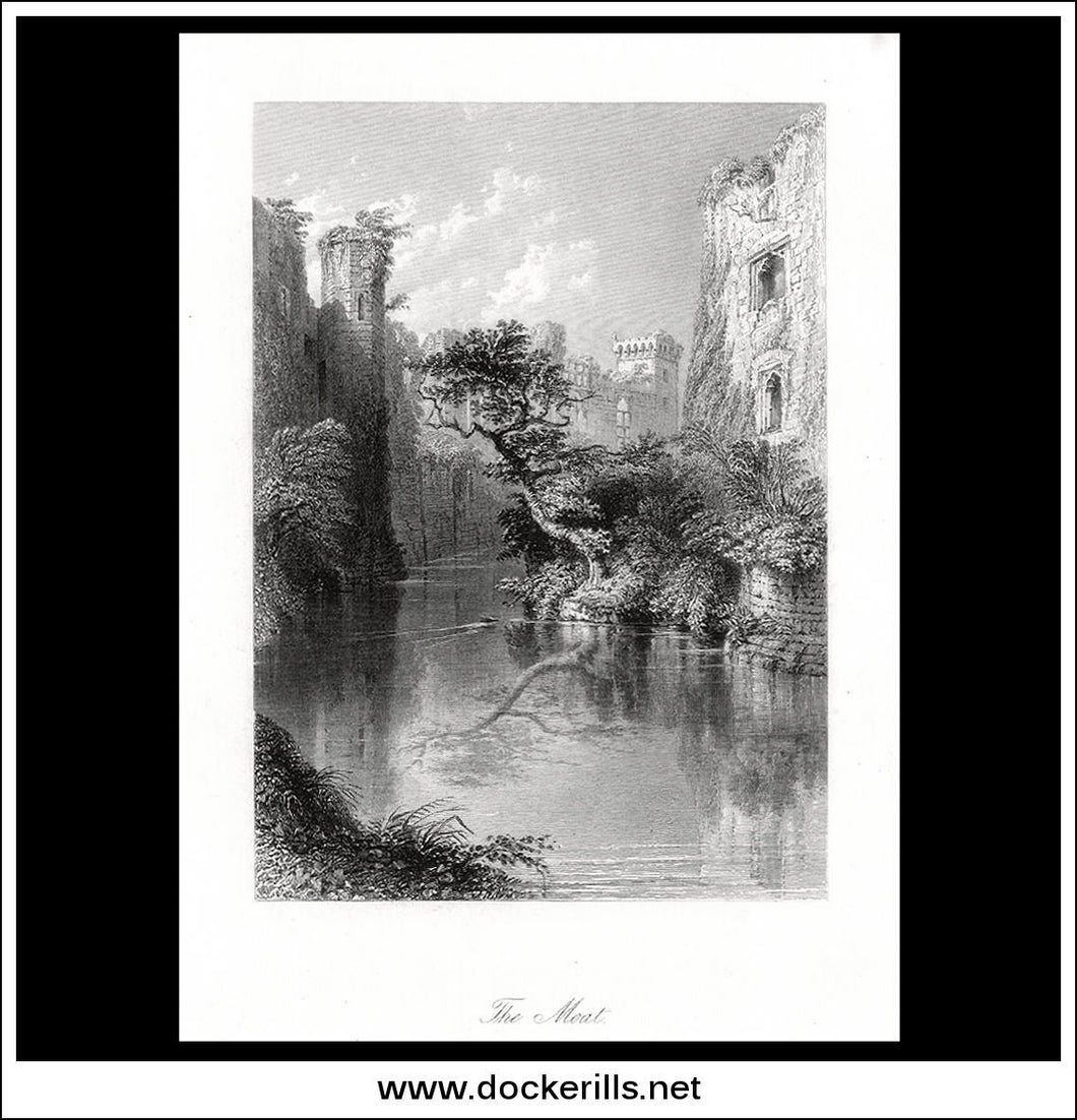 Raglan Castle, The Moat, Monmouthshire, Wales. Antique Print, Steel Engraving c. 1830.
