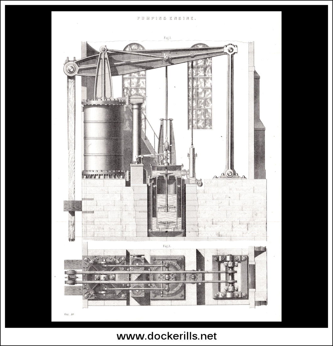 Pumping Engine. Antique Print, Lithograph c. 1880.