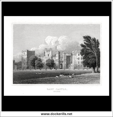 Raby Castle, County Durham, England. Antique Print, Steel Engraving c. 1830.