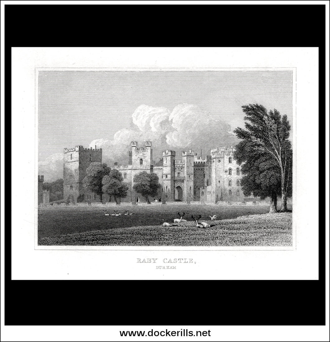 Raby Castle, County Durham, England. Antique Print, Steel Engraving c. 1830.