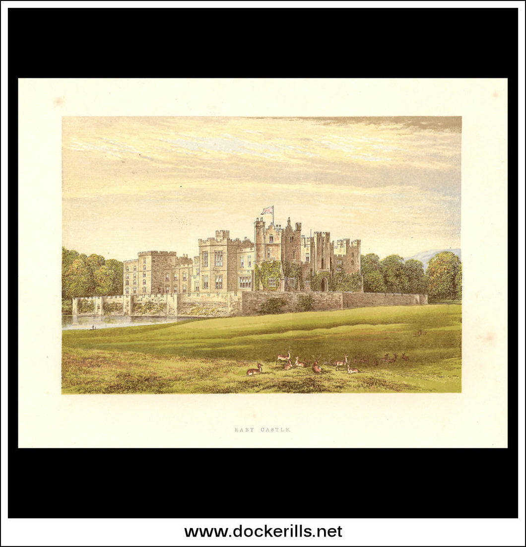 Raby Castle, Near Staindrop, County Durham, England. Antique Print, Chromoxylograph 1880.