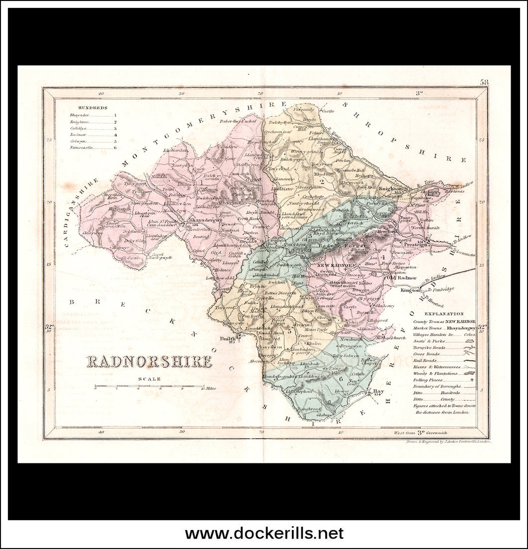 Map Of Radnorshire, Wales. Antique Print, Steel Engraving c. 1846.