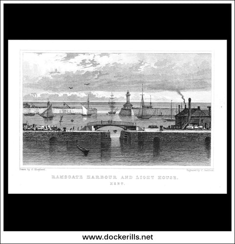 Ramsgate Harbour & Light House, Kent, England. Antique Print, Steel Engraving 1830.