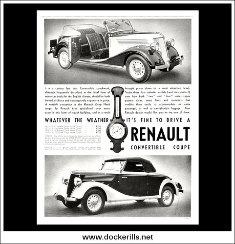 Renault Convertible Coupe. Original Vintage Advert From May 6th 1938.