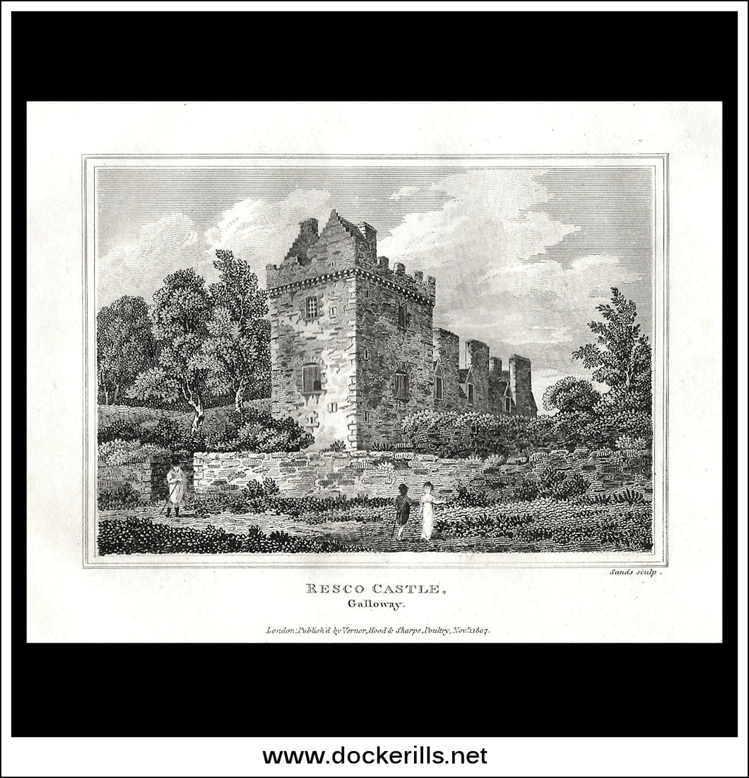 Resco Castle, Galloway, Kirkudbrightshire, Scotland. Antique Print, Copper Plate Engraving 1807.