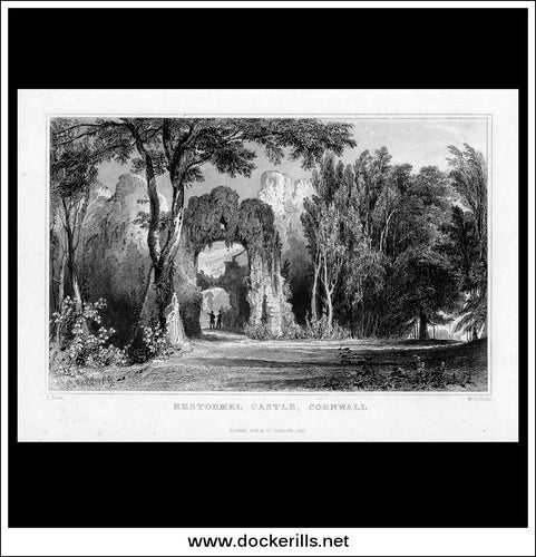 Antique Print Restormel Castle, Cornwall, England. Steel Engraving c. 1830.