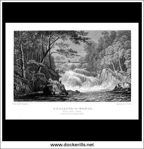 Rhaiadyr-Y-Wenol, Near Capel Curig, Caernarvonshire, Wales. Antique Print, Steel Engraving c. 1830.