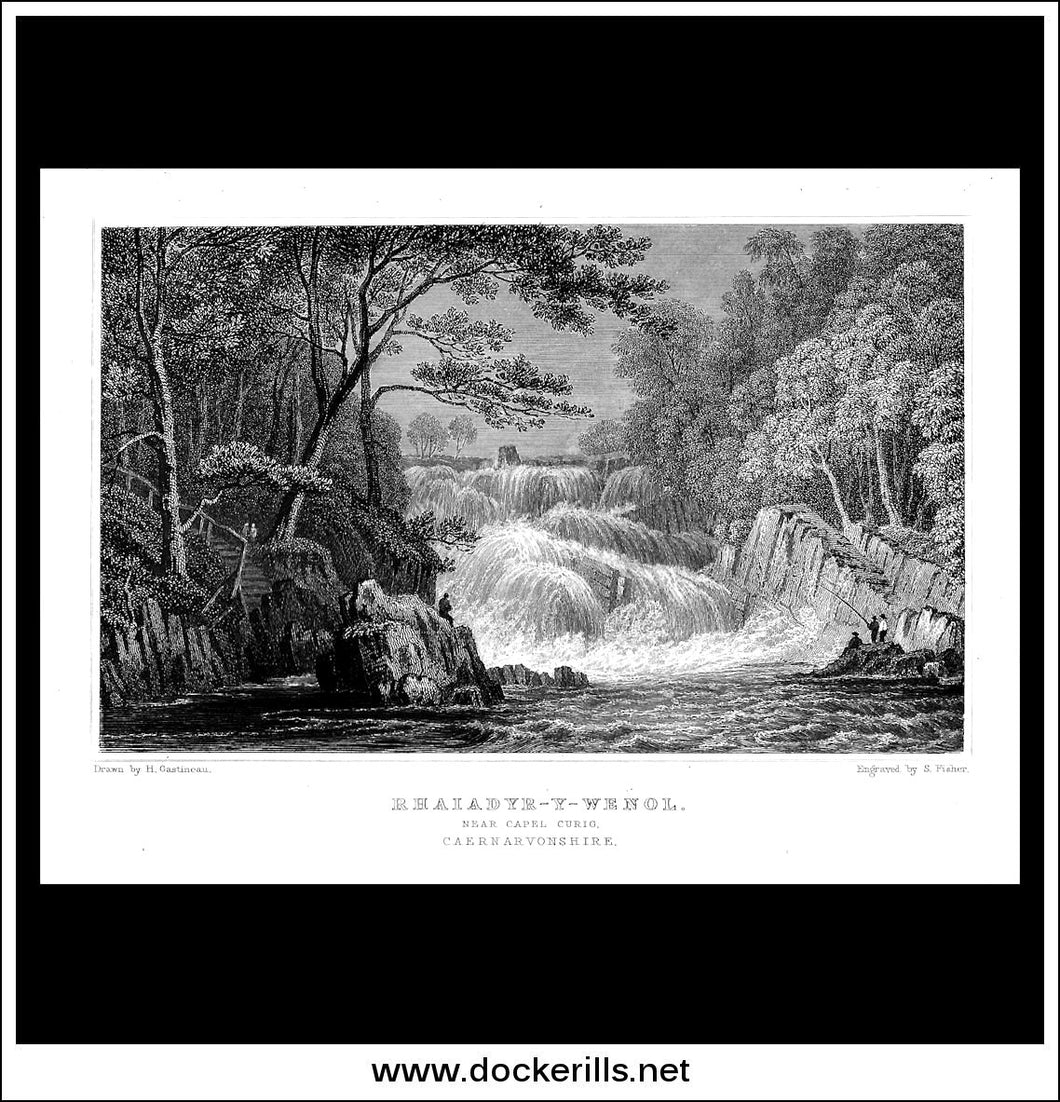 Rhaiadyr-Y-Wenol, Near Capel Curig, Caernarvonshire, Wales. Antique Print, Steel Engraving c. 1830.